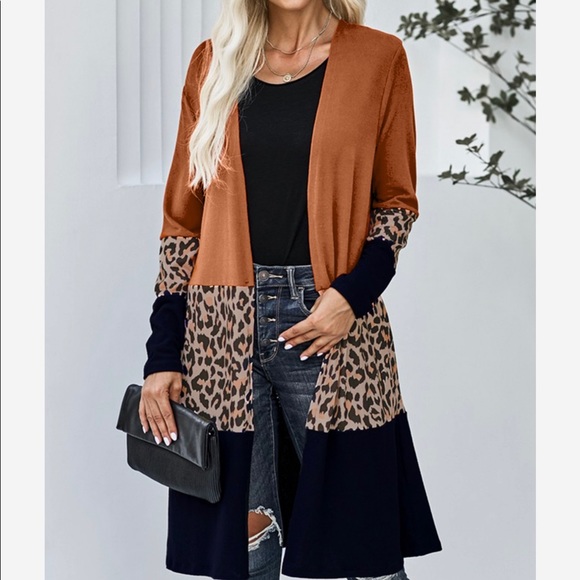 1Left! Black/Leopard/Burnt Orange ColorBlock Sweater Long Cardigan! - Picture 9 of 9